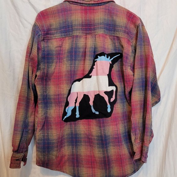 One Of A Kind Custom Handmade Shirt Transgender Unicorn Rainbow Flannel Shirt XL - Picture 1 of 11